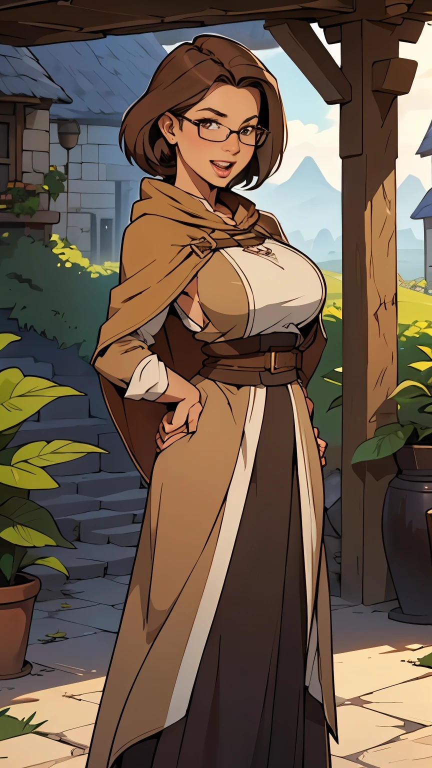 Solo, female, standing, looking at viewer, tan skin, fantasy village, linen tunic, cloak, lipstick, big breasts, open mouth, ranger, ((hands behind back)), mature female, glasses, brown hair, looking at viewer