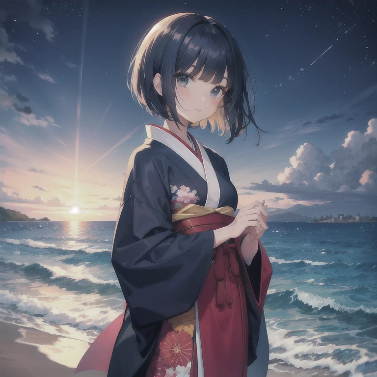 a beautiful woman with short hair straight bangs gently over the eyebrows, long side bangs and hair height following the face line, with Japanese style clothes, charming deep eyes, sea waves on the beach, night sky