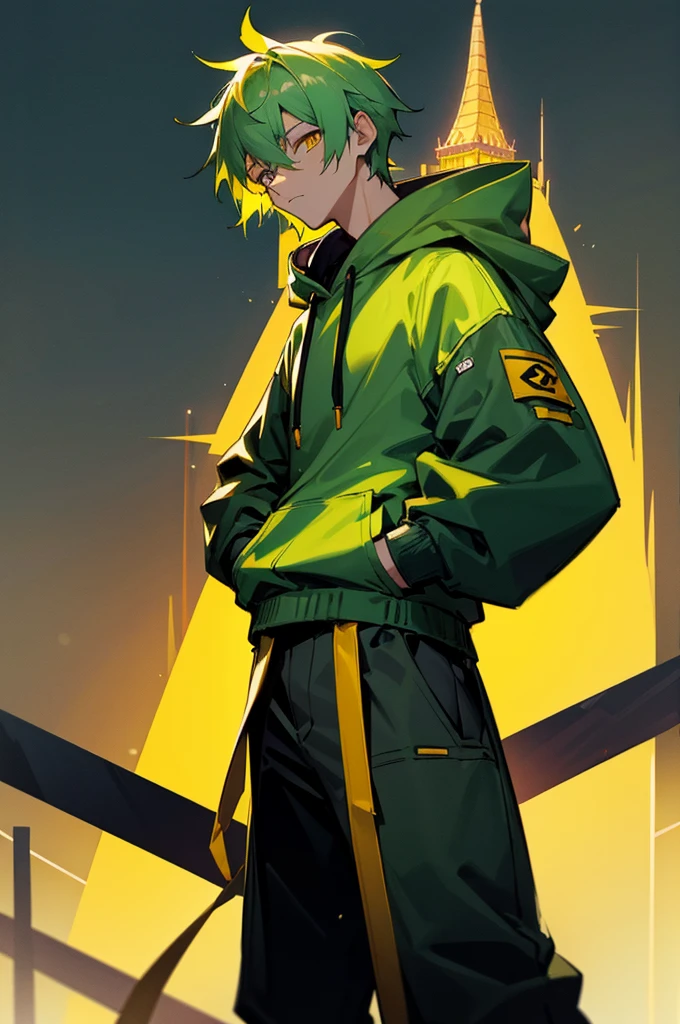 Male, , Green hair, Yellow eyes, Yukata, Black belt, Hoodie, Tower Background, hands in Pockets.