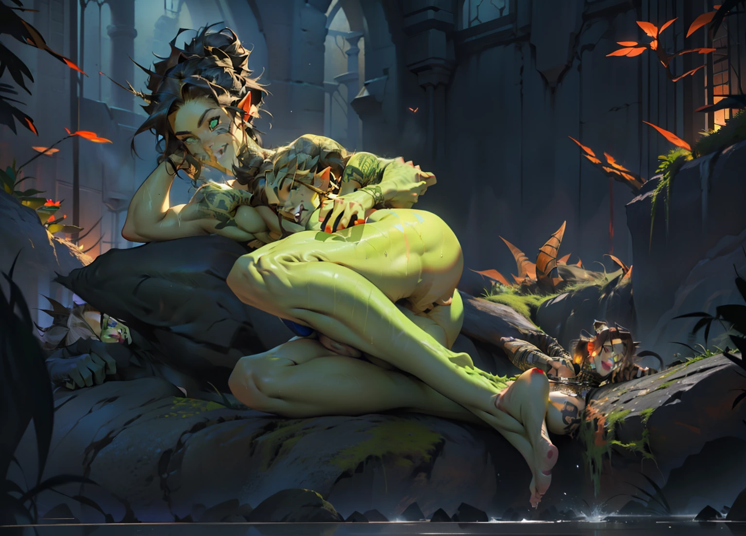 ((Beautiful female orc, busty lady, green skin, slightly muscular, high, Long black curly hair, huge breast, tense nipples, Emerald green eyes)), amazingly beautiful athletic body, at the ruins of a medieval castle, overgrown with hemp, tattoos on body, Beautiful D&character portrait, dark fantasy, detailed, Octane render, digital art, Extreme detail, 4k, ultra HD, polished, Beautiful, hyper-detailed, difficult, anime character, detailed, sharp focus, VLP, Character design, Unreal engine, 3d rendering, volumetric lighting, reflections, glossy, digital illustration, sensual pose, Suggestive pose, Full body shot, perfect curves body, detailed fur, detailed face, ((Bonifasko lighting)), (detailed eyes), perfect pupils, (open mouth), evaporate, Long brown hair, bun updo hair, Wide hips, big legs, Huge breasts, Shagging breast, Fluffy neck, wearing gray satin bikini, breast focus, Smug smile, mouthed, cow horns, lying, on side, spread legs, on bed, black nipples, wet black pussy, from side, hand on another's head, cum in pussy, castle dungeon, Anatomically correct, 💖❤💕💋❣