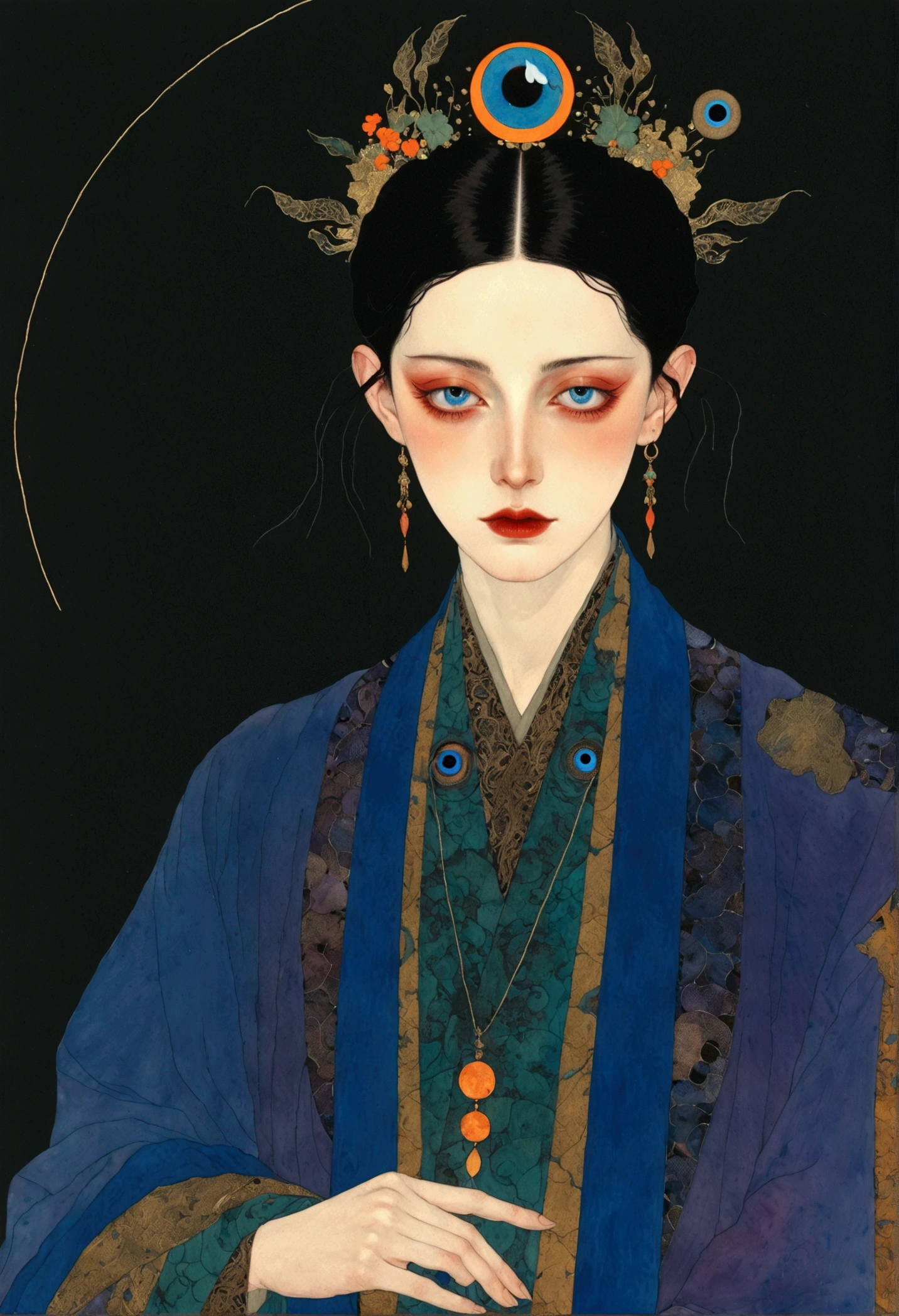 The art of math,Digital Illustration,Drawing,Decorative paintings,Watercolor,(((Harry Clark (Harry Clarke) style,圣地亚哥·卡鲁索style))),Simple,clean,Fine painting style,(((The third eye on the forehead。short hair,Pointed ears,robe))),Wide Angle,Black and blue,Solid color background,Human anatomy is correct