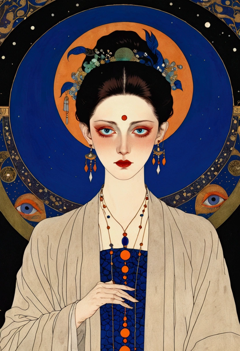 The art of math，Digital Illustration，Drawing，Decorative paintings，Watercolor，(((Harry Clark (Harry Clarke) style,圣地亚哥·卡鲁索style)))，Simple，clean，Fine painting style，(((The third eye on the forehead。short hair，Pointed ears，robe)))，Wide Angle，Black and blue，Solid color background，Human anatomy is correct