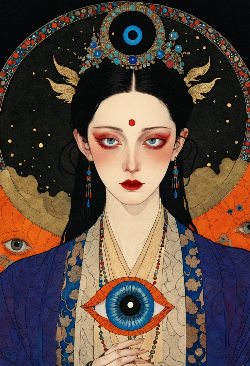 The art of math，Digital Illustration，Drawing，Decorative paintings，Watercolor，(((Harry Clark (Harry Clarke) style,圣地亚哥·卡鲁索style)))，Simple，clean，Fine painting style，(((The third eye on the forehead。short hair，Pointed ears，robe)))，Wide Angle，Black and blue，Solid color background，Human anatomy is correct