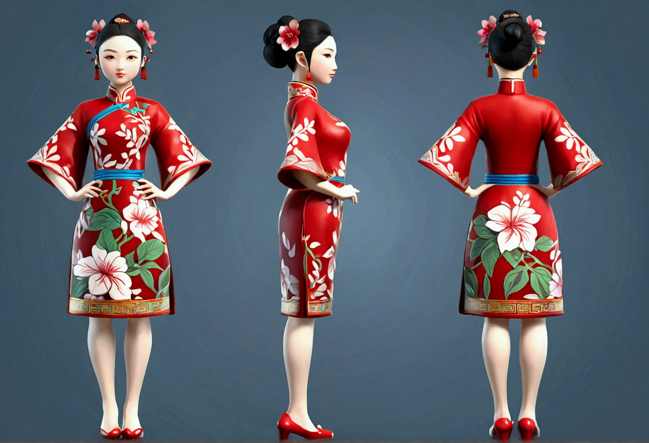 (((Showing the front view of the same 3D character IP figurine design、Side View、Rear view:1.5))),Young fashionable girl,Wearing a fashionable ink-dyed cheongsam,Ink black and white mixed color Atles silk cheongsam,Uyghur totem cheongsam,Red bougainvillea pattern,Cheongsam style combining ethnicity and fashion,Chinese retro pattern,Cute floral pattern,airplane sleeves,Wide sleeves,Balloon sleeves,Pipa sleeves,Create 3D national trend characters,Delicate bougainvillea pattern,Multi-ethnic cultural integration,Three-dimensional Chinese style,Chinese style 3D character IP figure design,Perfectly proportioned oval face,Film-level ultra-high quality texture,Global Illumination,(Full body styling),((The same 3D character IP figure design with the same clothing and accessories from multiple perspectives,Front view of the same 3D character IP figurine design,Side View of the same 3D character IP figure design,Rear view of the same 3D character IP figurine design)),