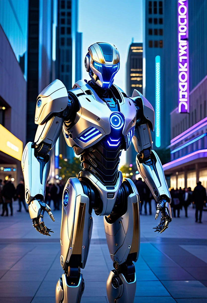 "An advanced humanoid robot with a sleek silver exterior, blue and white lighting, and gold accents, standing confidently in the middle of a futuristic city plaza. The robot's design is modern, sophisticated, and imposing, featuring a helmet with blue illuminated eyes and highly detailed hands with hand claws that emit blue light. The robot also has large wings that contribute to its imposing presence. The urban backdrop is vibrant with blue and purple neon lights, showcasing an advanced and clean technological environment. The setting is a high-tech metropolis at dawn, with sleek buildings and advanced vehicles. Full-body view, showing the robot from head to toe, standing in the center of the plaza. The scene includes people sitting at futuristic benches, digital advertisements, and a bustling atmosphere filled with the activity of pedestrians and robotic assistants."