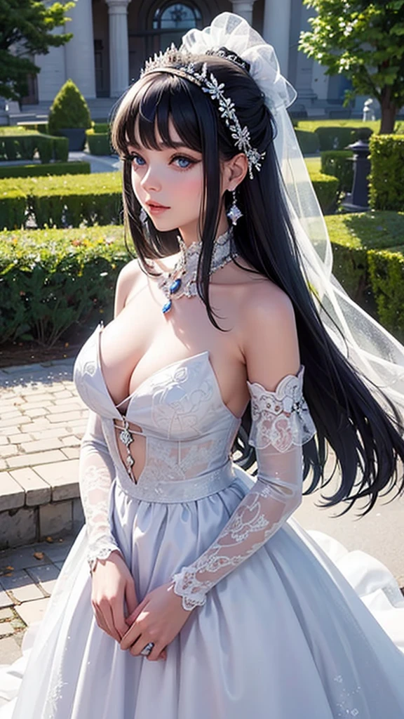 A beautiful young princess with black hair and blue eyes., she is wearing her beautiful long white dress