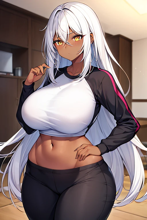 1girl, dark skin, black skin, dark-skinned female, white hair, long hair, large breasts, wide hips, thick thighs, shirt, sportswear, shy, timid, sports bra, hourglass figure, mature female, skin tight, tight clothes, yellow eyes, toned