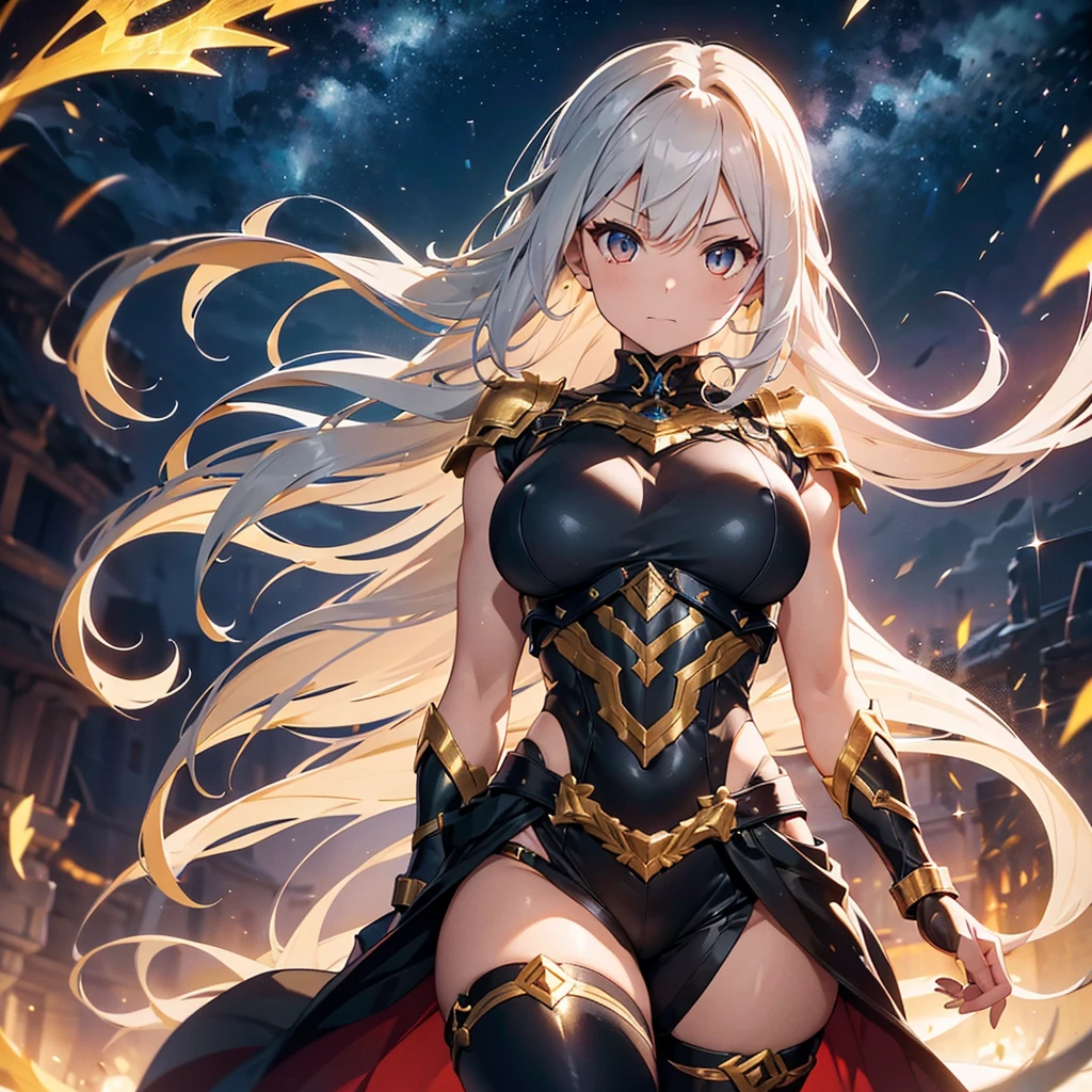 stunning 18-year-old female warrior with flowing, luminous silver hair that glows with golden and black highlights, symbolizing the fusion of light and darkness. Her eyes shine with a golden hue, mixed with deep red tones, reflecting her dual power. Her skin emits a soft glow, as if illuminated from within. She wears an elegant, form-fitting armor combining gold and black elements, adorned with glowing runes representing absorbed powers. Her physique is athletic and sculpted, with well-defined curves exuding both strength and sensuality. Measurements: 5'8" in height, 36-inch bust, 24-inch waist, 36-inch hips. She wields a long sword and a shield bearing emblems of light and shadow. The background is an open battlefield with signs of intense combat. --v 5 --ar 16:9"