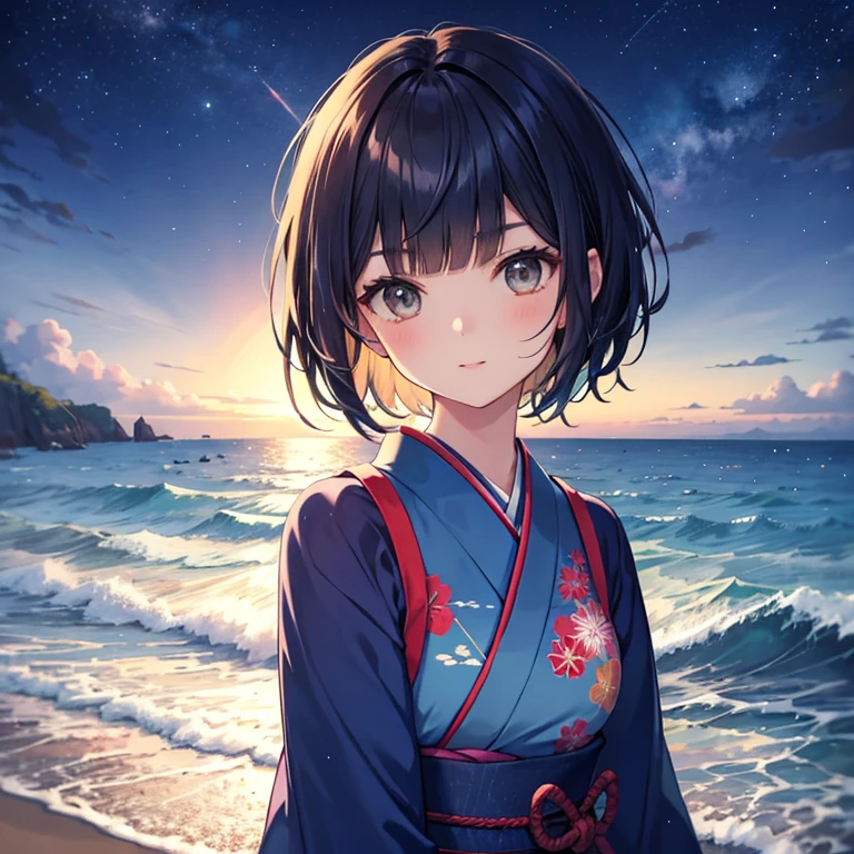 a beautiful woman with short hair straight bangs gently over the eyebrows, long side bangs and hair height following the face line, with Japanese style clothes, charming deep eyes, sea waves on the beach, night sky