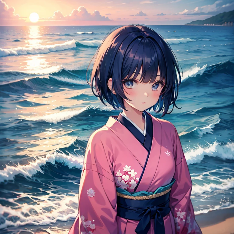 a beautiful woman with short hair straight bangs gently over the eyebrows, long side bangs and hair height following the face line, with Japanese style clothes, charming deep eyes, sea waves on the beach, night sky