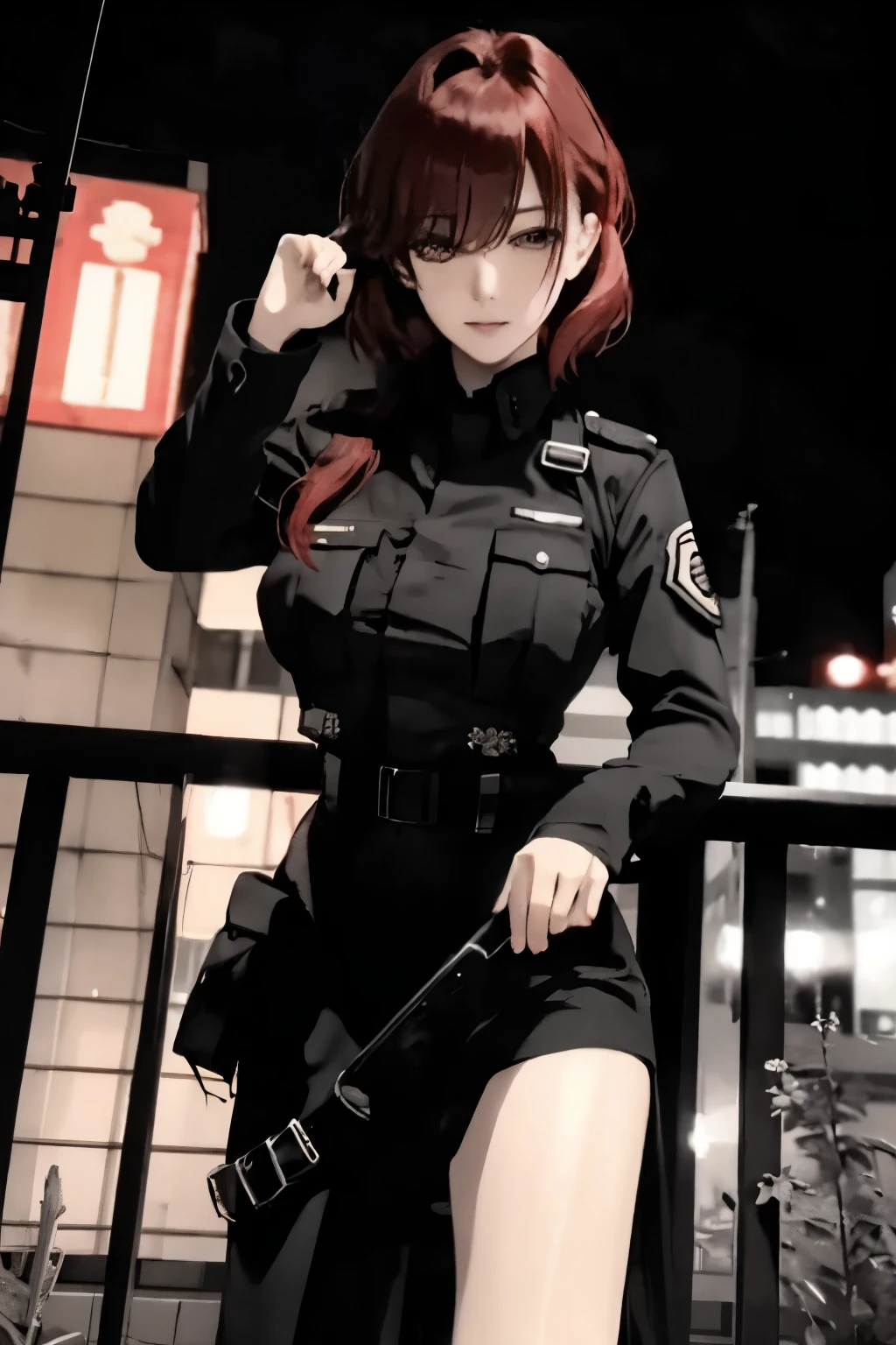((best quality)), ((Masterpiece)), (details), 1 girl, SWAT uniform, Curtain bangs, red hair, big breasts, city background, night
