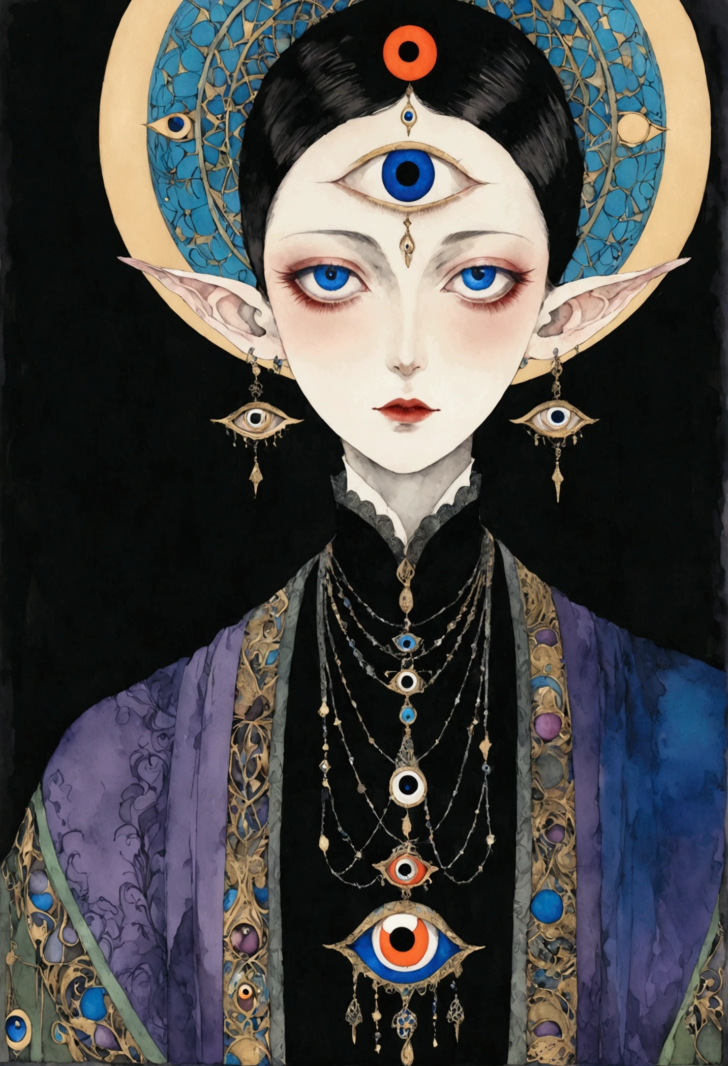 The art of math，Digital Illustration，Drawing，Decorative paintings，Watercolor，(((Harry Clark (Harry Clarke) style,圣地亚哥·卡鲁索style)))，Simple，clean，Fine painting style，(((The third eye on the forehead。short hair，Pointed ears，robe)))，Wide Angle，Black and blue，Solid color background，Human anatomy is correct