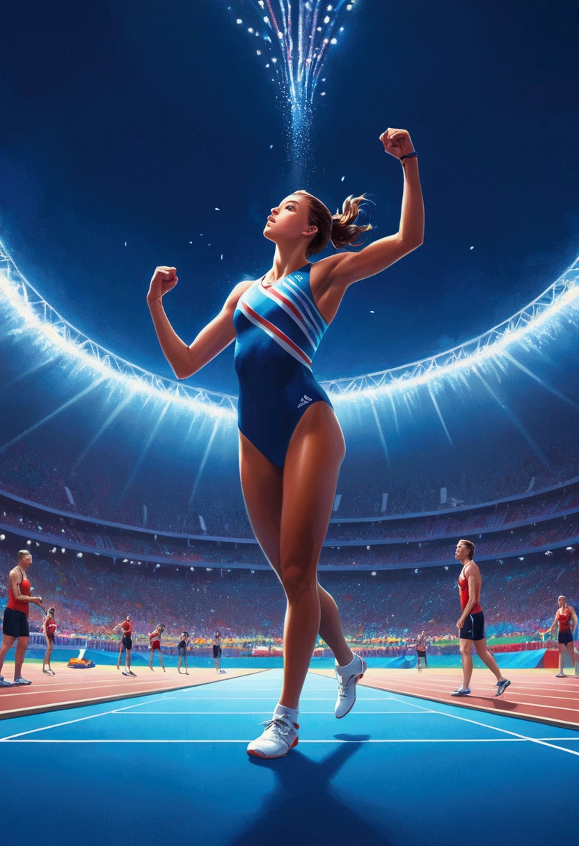 Olympic Games, Athletes in the competition, full body, cinematic still, by Alena Aenami, (best quality, masterpiece, photorealistic), very aesthetic, perfect composition, intricate details, ultra-detailed, vivid colors