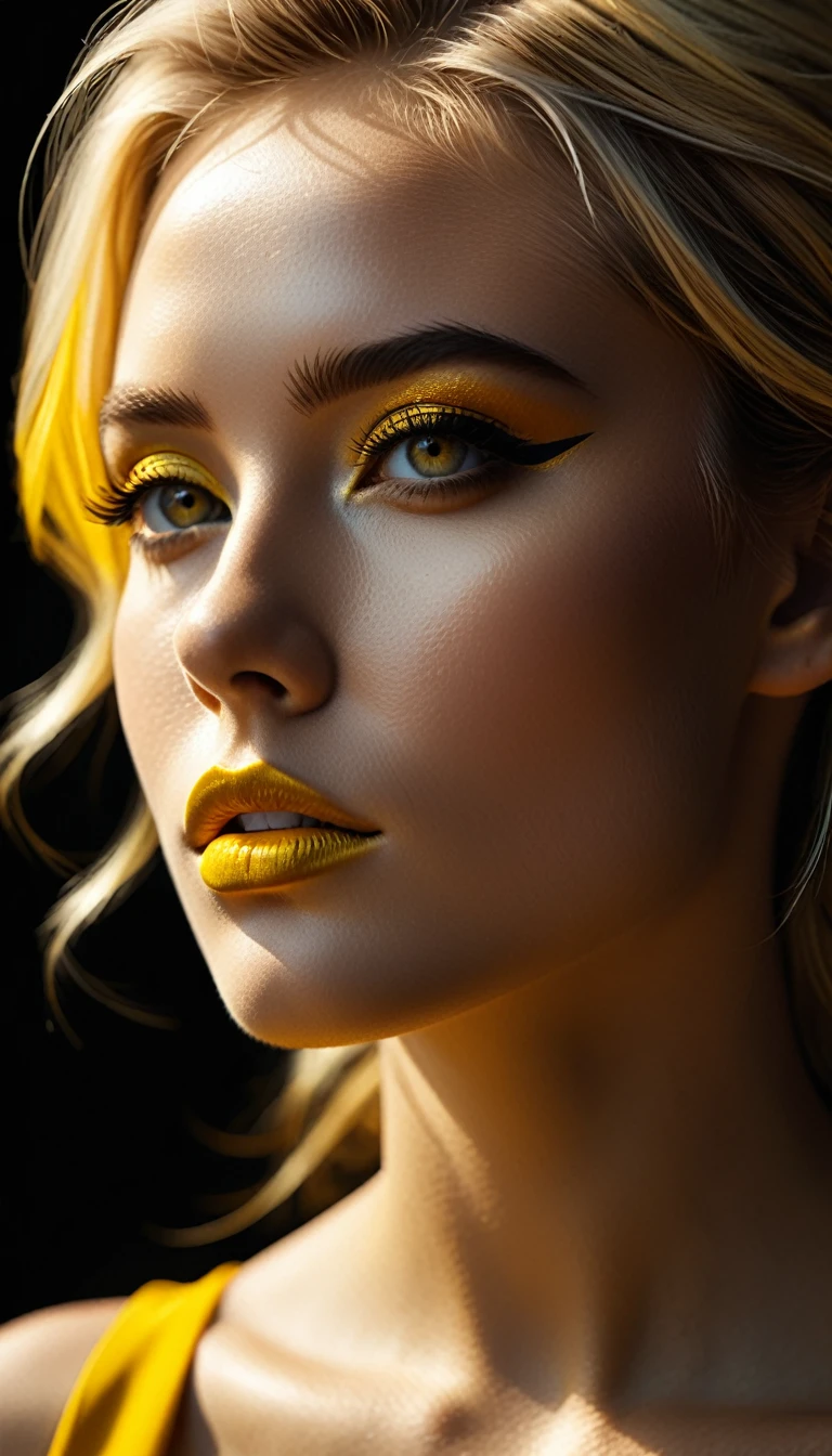 (film grain),ultrarealistic 4k,photoart_style,(yellow and black, vivid, minimalist, beautiful blonde face, golden make-up,side view profile),realistic, Wide angle lens, high contrast, dark black tone,Cinematic Lighting, movie-level texture, hand-painted details, epic, meticulous,perfect composition, dynamic play of light, rich colors, epic shot, perfectly quality, natural textures,high detail, photoshadow, (natural colors, correct white balance, color correction, dehaze),(intricate detailed)