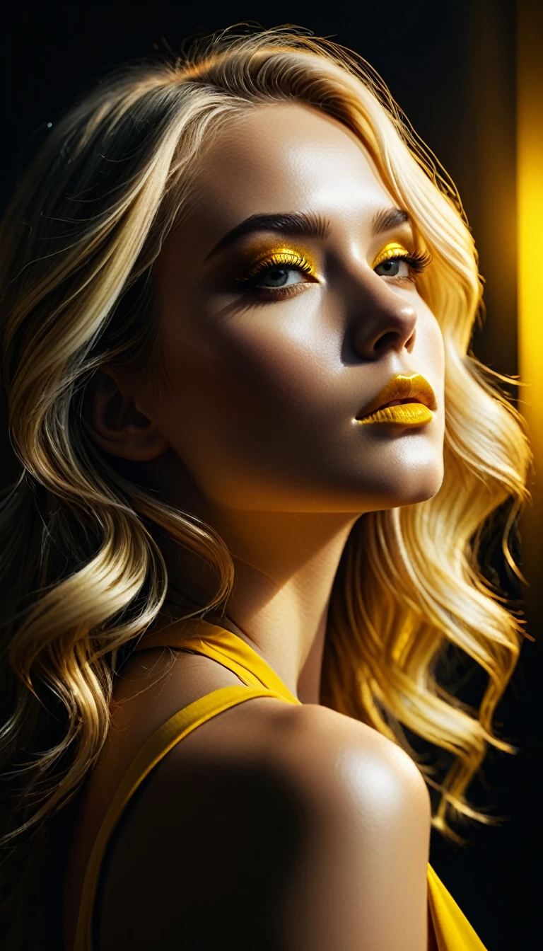(film grain),ultrarealistic 4k,photoart_style,(yellow and black, vivid, minimalist, beautiful blonde face, golden make-up,side view profile),realistic, Wide angle lens, high contrast, dark black tone,Cinematic Lighting, movie-level texture, hand-painted details, epic, meticulous,perfect composition, dynamic play of light, rich colors, epic shot, perfectly quality, natural textures,high detail, photoshadow, (natural colors, correct white balance, color correction, dehaze),(intricate detailed)