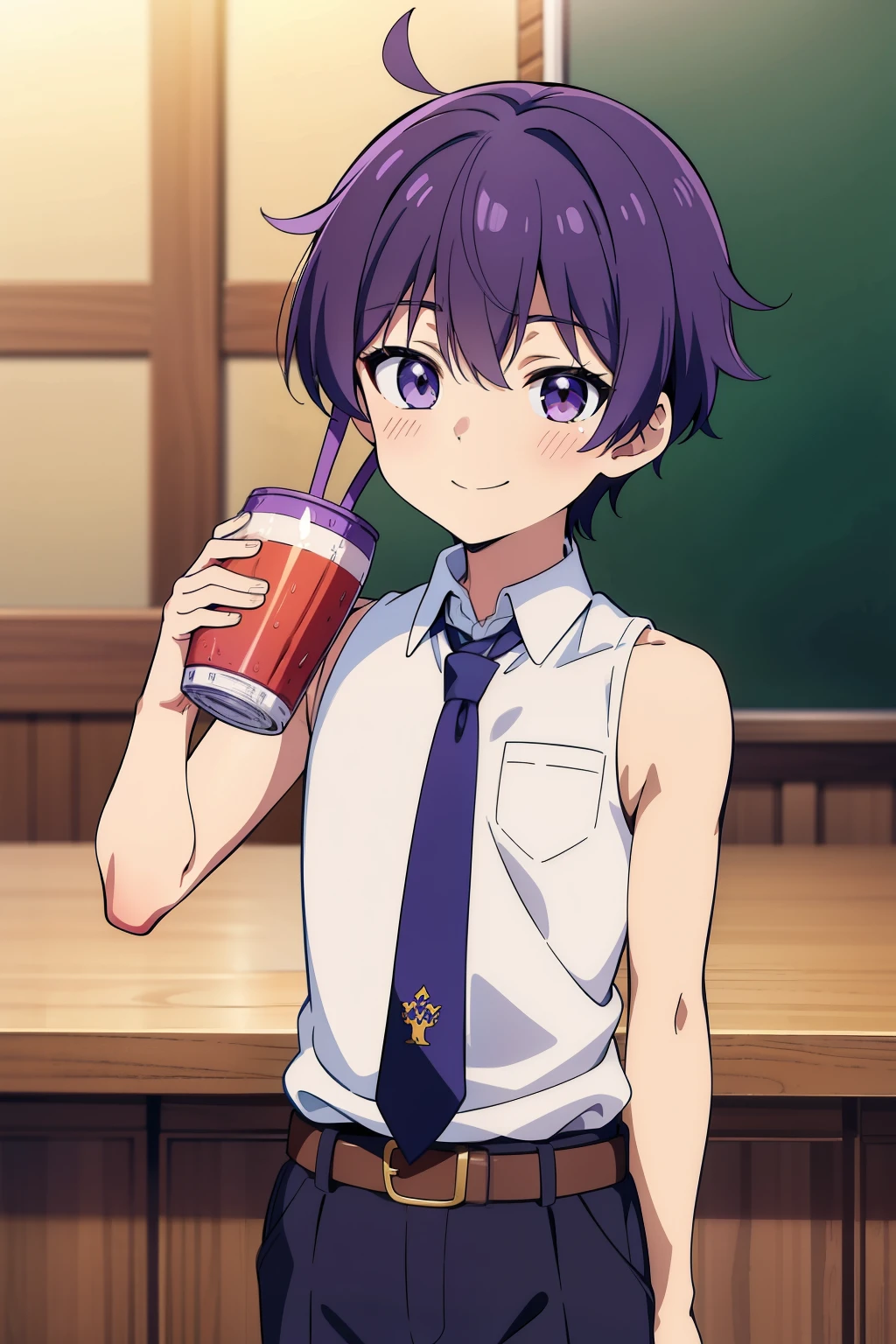 Highres, Masterpiece, Best quality at best,Best Quality,hight quality, hight detailed, Anime style, 1boy, Shota, young boy, Solo person, smile, Violet hair, messy hair, school, Sleeveless uniform, Bare shoulder, Tie, Seen from the front, look at viewer, upper body, belt, drink, Baby face, (very young boy), (very small and short body), 12-year-old boys, uhd, blurry beckground