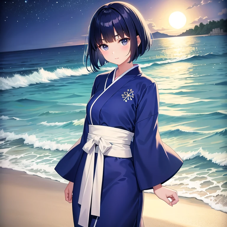 a beautiful woman with short hair straight bangs gently over the eyebrows, long side bangs and hair height following the face line, with Japanese style clothes, charming deep eyes, sea waves on the beach, night sky