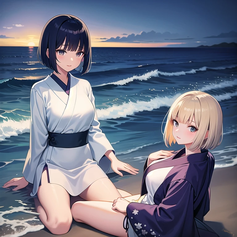 a beautiful woman with short hair straight bangs gently over the eyebrows, long side bangs and hair height following the face line, with Japanese style clothes, charming deep eyes, sea waves on the beach, night sky