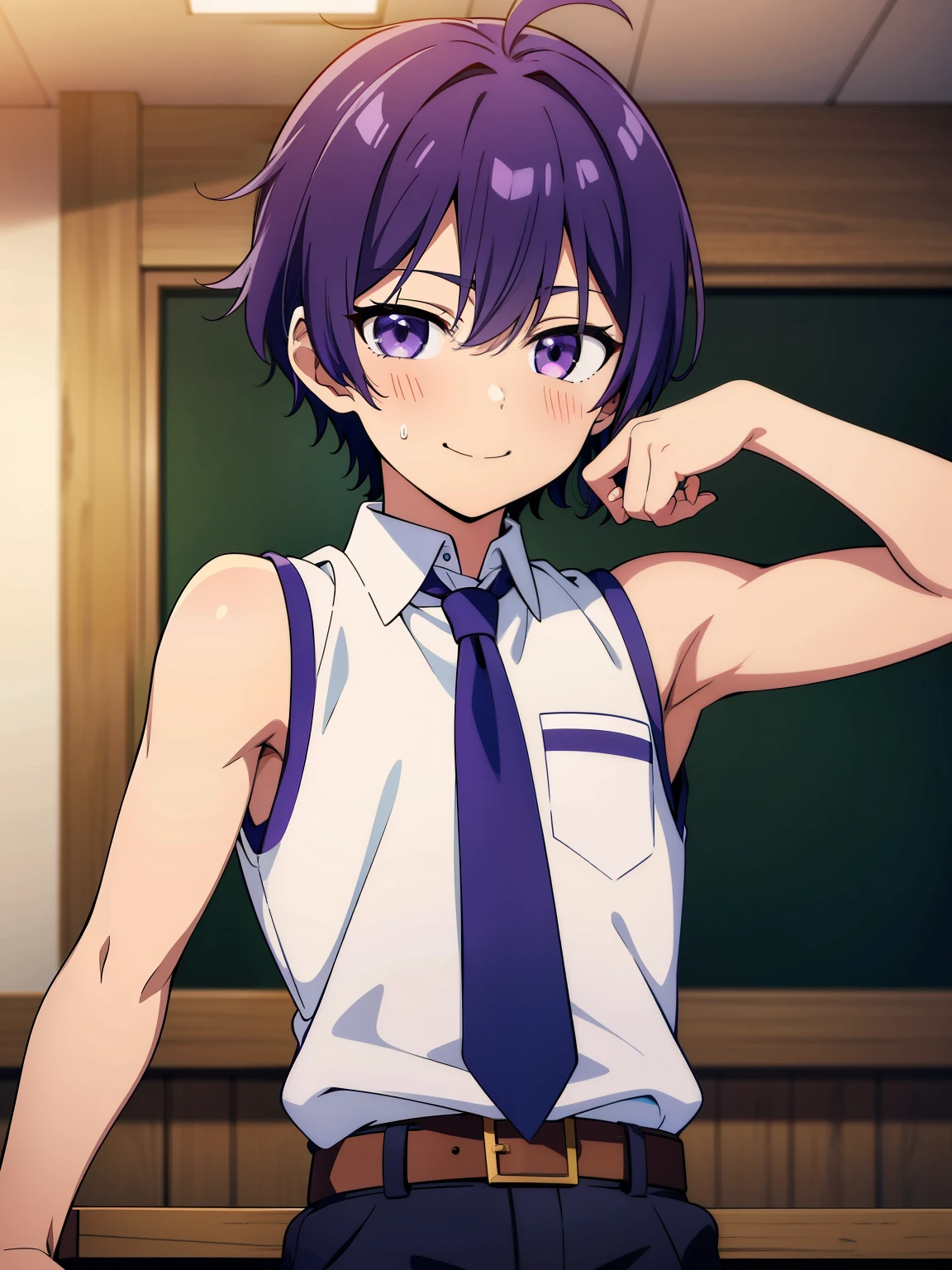 Highres, Masterpiece, Best quality at best,Best Quality,hight quality, hight detailed, Anime style, 1boy, Shota, young boy, Solo person, smile, Violet hair, messy hair, school, Sleeveless uniform, Bare shoulder, Tie, Seen from the front, look at viewer, upper body, belt, drink, cute face, (very young boy), (very small and short body), -yeld bo uhd, blurry beckground