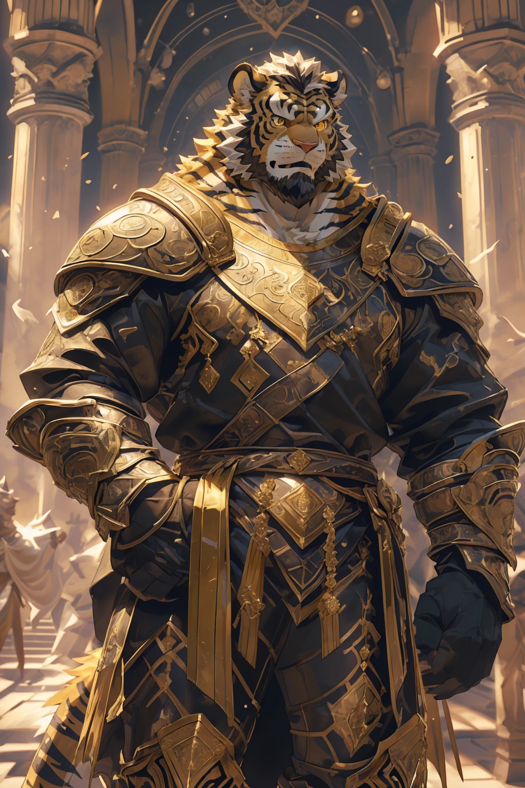 (Scarred body),(Wearing a dark black robe:1.5),king,16k high quality detailed art,(Wearing scarlet blood accessories:1),(Golden Tiger:1.1), (((White and golden fur:1.5))),(Duotone),(A pair of eyes of different colors, One eye has a golden eye,The other eye is blue:1.7),Both eyes are the same size:1.4),(Muscular body:1.3),Handsome,(OK),(Perfect face),(Exhausted:1.1),(Gold and white skin:1.3),(Whole body description:1.3),Publaz, (Golden Tiger:1.1), (((Gold and white fur:1.3))),Handsome, (OK),Express,(Background of the Royal Palace),(Cold expression:1.3),(Golden Tiger tail),不同的Express,(Perfect masterpiece),(32K),(Abdominal muscles:1.3),(((middle aged:1.4))),(36 years old),(Gold Stripes),Solitary,(Black sideburns:1.2),(black beard:1.3),(Black Chin:1.3),(Gold face pattern:1),(Very rich facial details:1.3),(Strong),(Mighty pose:1.3),Front view,(CG),(HD),(Black Hair),Full body portrait,(Detailed background:1.3),(Dark ink armor:1.3),The murderous gaze,(Pure black pupils:1.3)