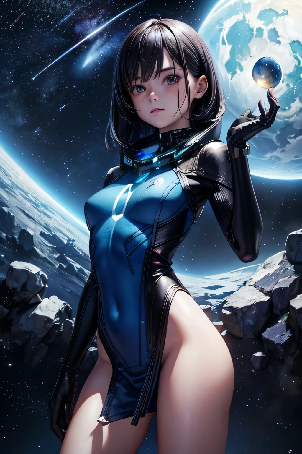 an alien female floating in a spaceship, looking ahead, starry sky with a blue planet in the background, shooting star, space, (realistic face), half body,