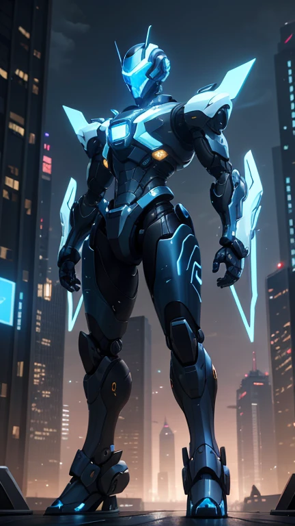 An advanced humanoid robot with a sleek silver exterior, blue and white lighting, and gold accents, standing confidently on a futuristic city bridge. The robot's design is modern, sophisticated, and imposing, featuring a helmet with blue illuminated eyes and highly detailed hands with hand claws that emit blue light. The robot also has large wings that contribute to its imposing presence. The urban backdrop is vibrant with blue and purple neon lights, showcasing an advanced and clean technological environment. The setting is a high-tech metropolis at dusk, with sleek buildings and flying vehicles. Full-body view, showing the robot from head to toe, standing in the center of the bridge. The scene includes pedestrians walking, digital signboards, and a mix of ground and aerial vehicles.