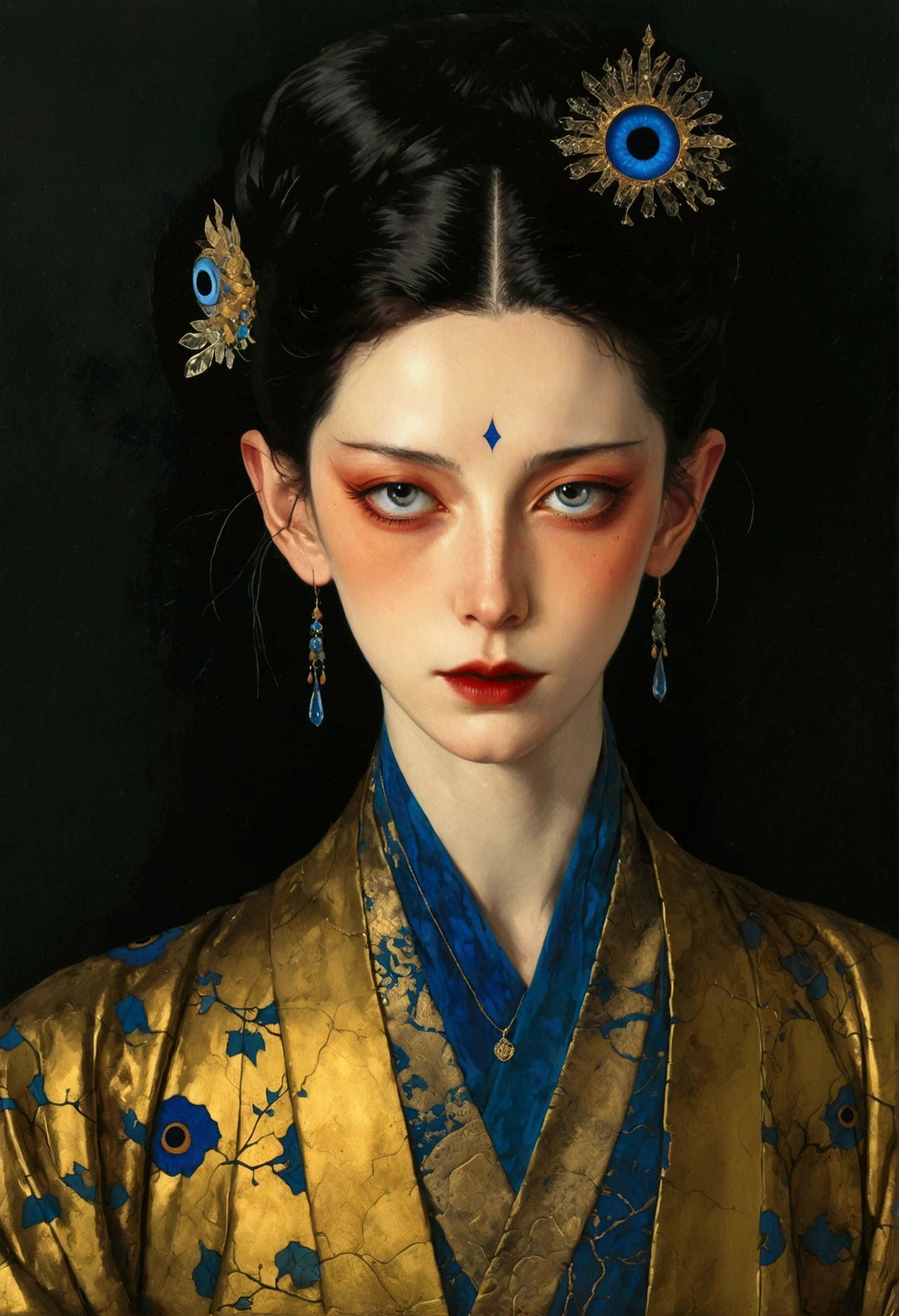 The art of math，Digital Illustration，Drawing，Decorative paintings，Watercolor，(((Harry Clark (Harry Clarke) style,圣地亚哥·卡鲁索style)))，Simple，clean，Fine painting style，(((The third eye on the forehead。short hair，Pointed ears，robe)))，Wide Angle，Black and blue，Solid color background，Human anatomy is correct