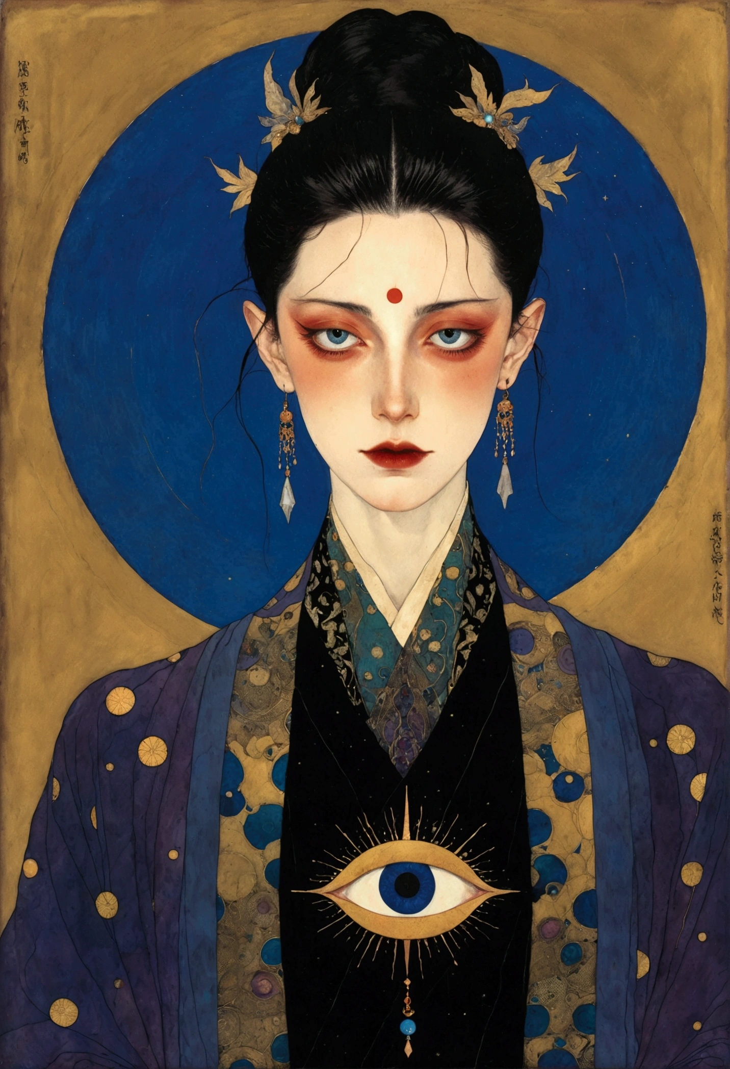 The art of math,Digital Illustration,Drawing,Decorative paintings,Watercolor,(((Harry Clark (Harry Clarke) style,圣地亚哥·卡鲁索style))),Simple,clean,Fine painting style,(((The third eye on the forehead。short hair,Pointed ears,robe))),Wide Angle,Black and blue,Solid color background,Human anatomy is correct