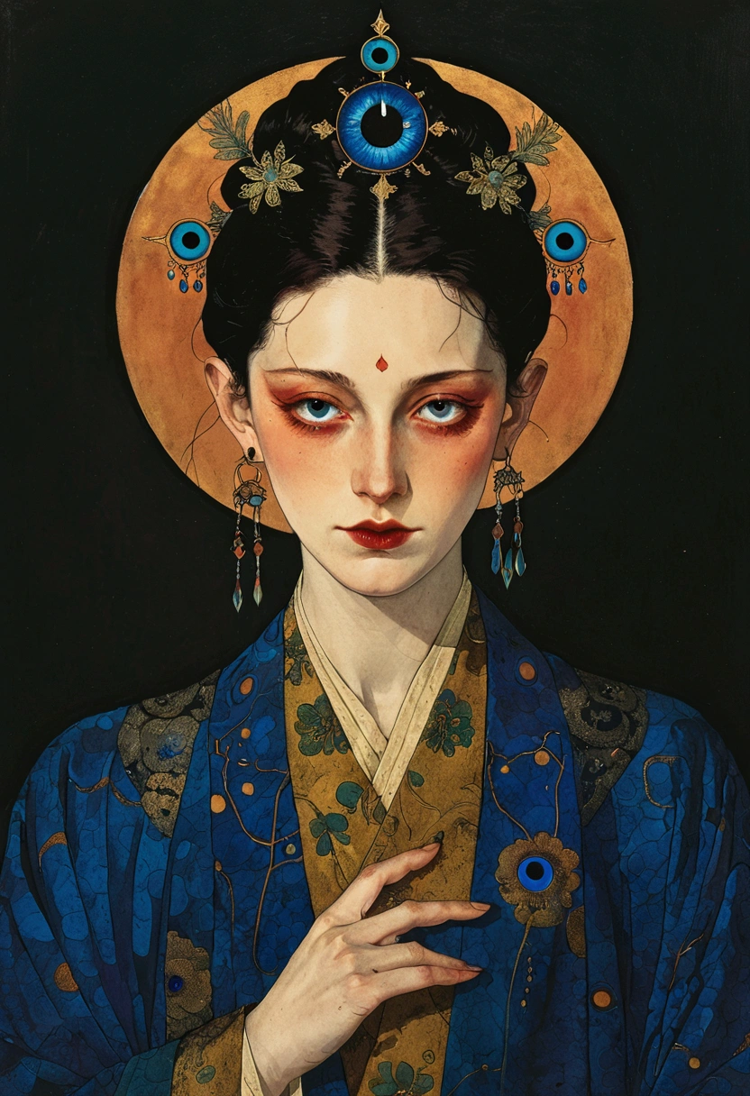 The art of math，Digital Illustration，Drawing，Decorative paintings，Watercolor，(((Harry Clark (Harry Clarke) style,圣地亚哥·卡鲁索style)))，Simple，clean，Fine painting style，(((The third eye on the forehead。short hair，Pointed ears，robe)))，Wide Angle，Black and blue，Solid color background，Human anatomy is correct