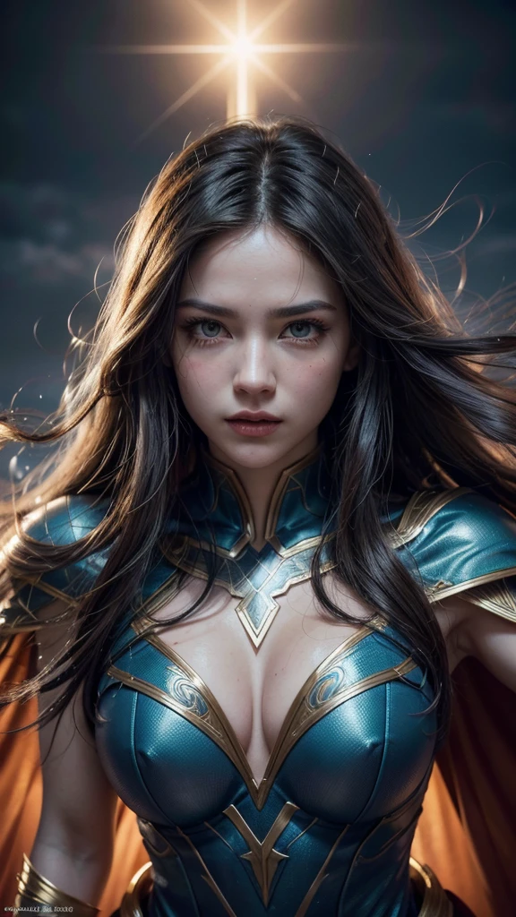 flash. A beautiful woman with flowing hair, superhero costume, dynamic pose, (best qualityer,4K,8k,high resolution,work of art:1.2),ultra detali,(realisitic,photorealisitic,photo-realisitic:1.37),cinematic lighting, swirly vibrant colors, dramatic shadows, heroic expression, Action scene, Muscular Physique, cape flowing in the wind, detailed facial features, gorgeous eyes,beautiful lips,extreme detailed face,long eyelashes,highy detailed, intricate costume design, glowing energy effects, film composition, epic scale