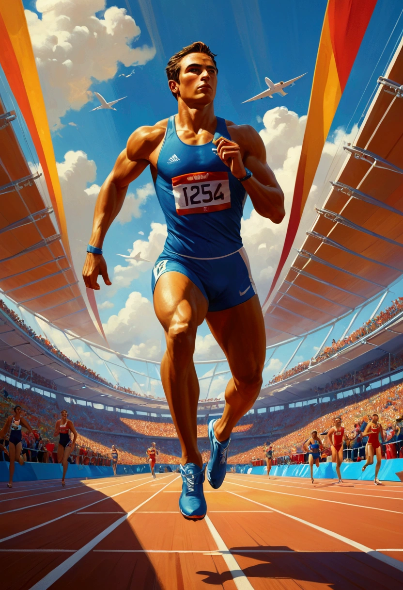 Olympic Games, Athletes in the competition, full body, cinematic still, by rhads, (best quality, masterpiece, photorealistic), very aesthetic, perfect composition, intricate details, ultra-detailed, vivid colors