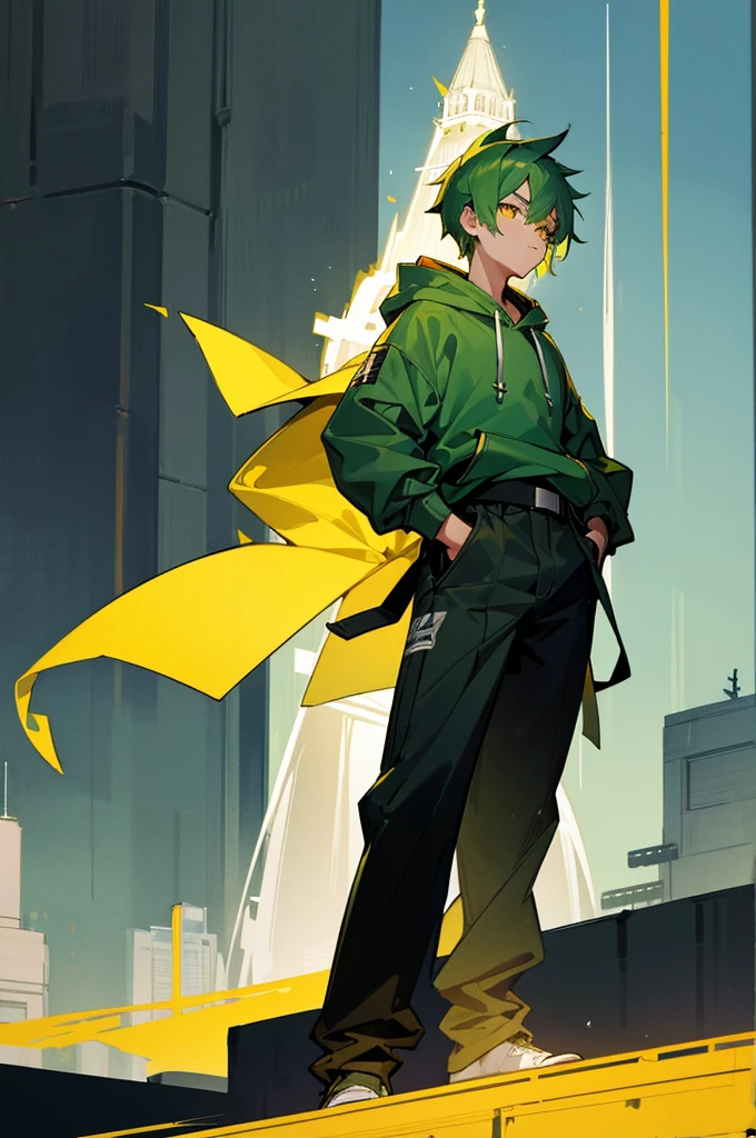 Male, young teen, Green hair, Yellow eyes, Yukata, Black belt, Hoodie, Tower Background, hands in Pockets.