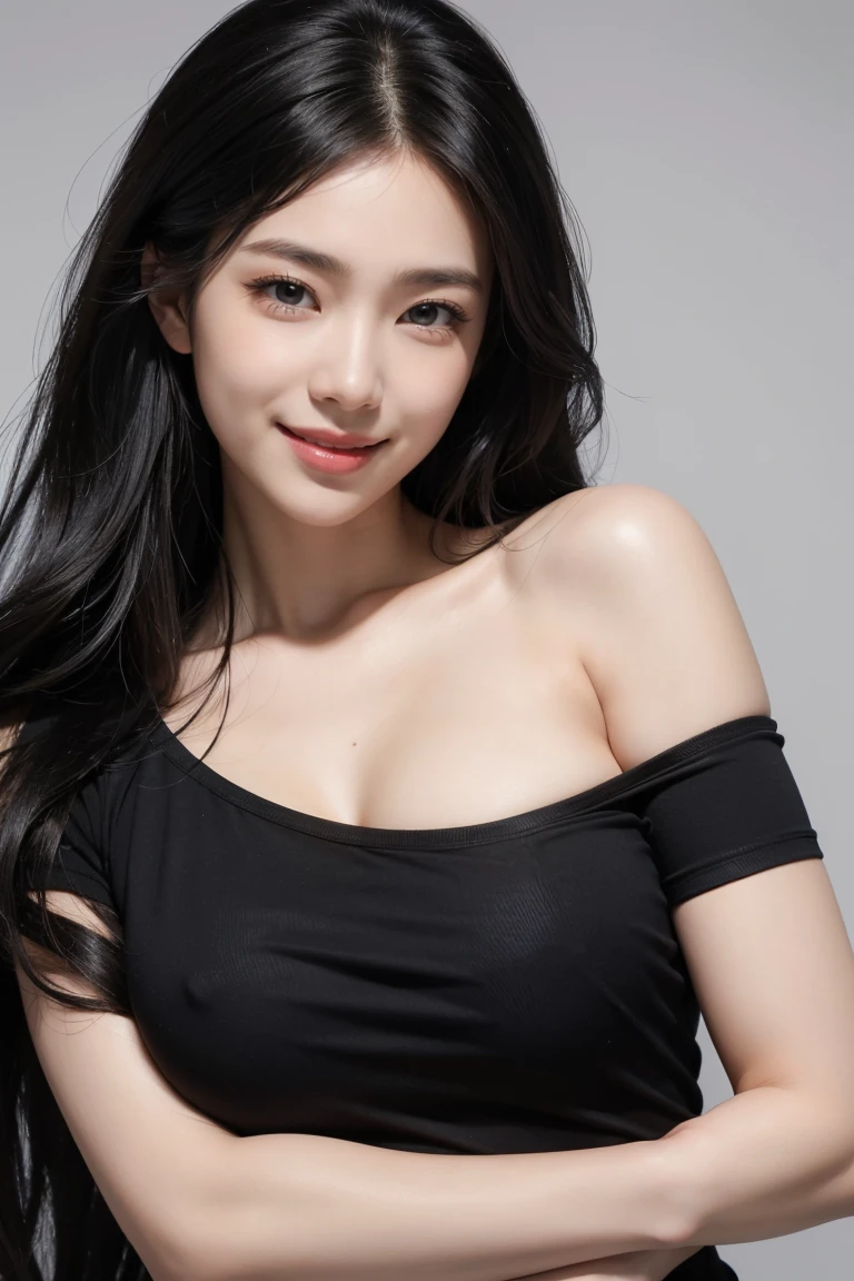 masterpiece, best quality, photorealistic, raw photo, 1girl, Black Long hair, Large breast, Black Muscle Shirt , light smile, detailed skin, pore, simple background, Upper-body, facing the viewer, close-up
