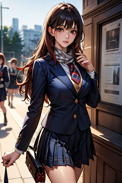((Highest quality)),(超High resolution),(Very detailed),(Detailed Description),((The best CG)),(masterpiece),Ultra-detailed art、(Highest quality、8k、32K、masterpiece)、(Realistic)、(Realistic:1.2)、(High resolution)、Very detailed、Very beautiful face and eyes、1 female、Tight waist、Delicate body、(Highest quality、Attention to detail、Rich skin detail)、(Highest quality、8k、Oil paints:1.2)、Very detailed、(Realistic、Realistic:1.37)、Bright coloredium length hair with loose waves、The bangs are straight and fall on the forehead、Red hair))、 Light skin tone、Smooth and healthy skin、
""tops:
Navy blue single-breasted blazer with gold buttons(Three-pronged)
Long sleeve white blouse with red ribbon tie bottoms:
Checkered wool pleated skirt(Navy and red tartan check、Knee-length)
Tights Accessories:
Simple stud earrings Slim watches(silver)
Scarf, gloves and shoes for cold weather:
Leather boot detail:
School emblem on blazer breast pocket, lace edging on blouse collar and cuffs: School corridor、((Commuting to school:1.6))、Or winter nature scenery""