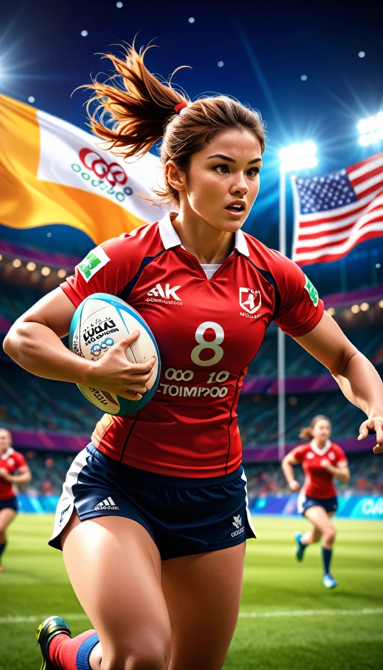 a female rugby player, extremely detailed,masterpiece,realistic,7 vs 7 play,holding strong rugby ball in one hand,running fast between opponents players,speed,fast run,fast game,(best quality,4k,8k,highres,masterpiece:1.2),ultra-detailed,(realistic,photorealistic,photo-realistic:1.37),HDR,UHD,studio lighting,ultra-fine painting,sharp focus,physically-based rendering,extreme detail description,professional,vivid colors,bokeh,sports,olympics,olympic games, olimpic flag in background, Cinematic Hollywood Film