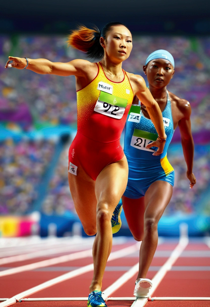 Olympic Games, Athletes in the competition, full body, cinematic still, by Miki Asai, (best quality, masterpiece, photorealistic), very aesthetic, perfect composition, intricate details, ultra-detailed, vivid colors
