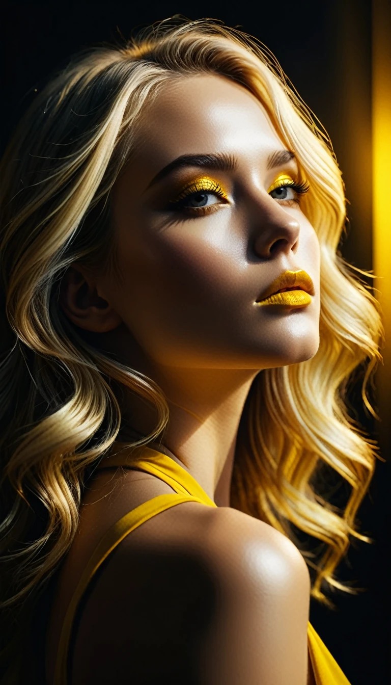 (film grain),ultrarealistic 4k,photoart_style,(yellow and black, vivid, minimalist, beautiful blonde face, golden make-up,side view profile),realistic, Wide angle lens, high contrast, dark black tone,Cinematic Lighting, movie-level texture, hand-painted details, epic, meticulous,perfect composition, dynamic play of light, rich colors, epic shot, perfectly quality, natural textures,high detail, photoshadow, (natural colors, correct white balance, color correction, dehaze),(intricate detailed)
