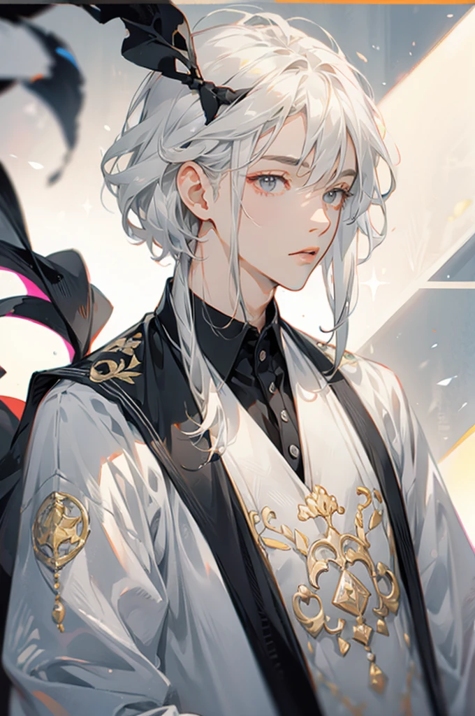 handsome and cute boy light gray hair and gray eyes, full lips and simple black clothes