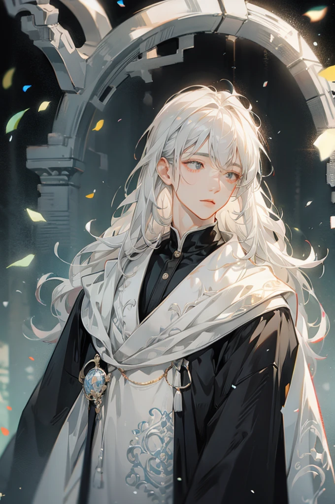 handsome and cute boy light gray hair and gray eyes, full lips and simple black clothes