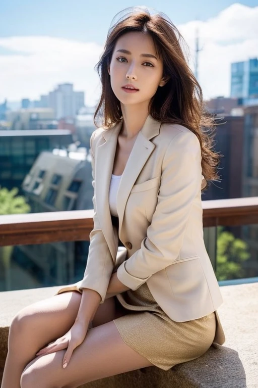 (Highest quality、Ultra-high resolution)、(Full Body Portrait)、(Beige blazer)、shirt、(Beige long skirt:1.2)、(silk pantyhose)、High heels、Both legs look beautiful、Sitting pose、1 girl、(Large Breastodern architecture in the background、(((Perfect Anatomy, Body, Perfect hands, Perfect Face, Perfect Eyes, Accurate, Anatomically correct))), Perfectly clear and sharp focus, (Highest quality、Ultra-high resolution, masterpiece, Ultra-realistic)、Professional Lighting