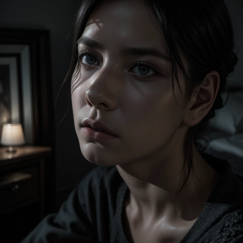 a person sitting on a bed in a dark room, head down, detailed face, melancholy expression, cinematic lighting, dramatic shadows, moody atmosphere, oil painting, high quality, photorealistic, intricate details, somber color palette, chiaroscuro lighting