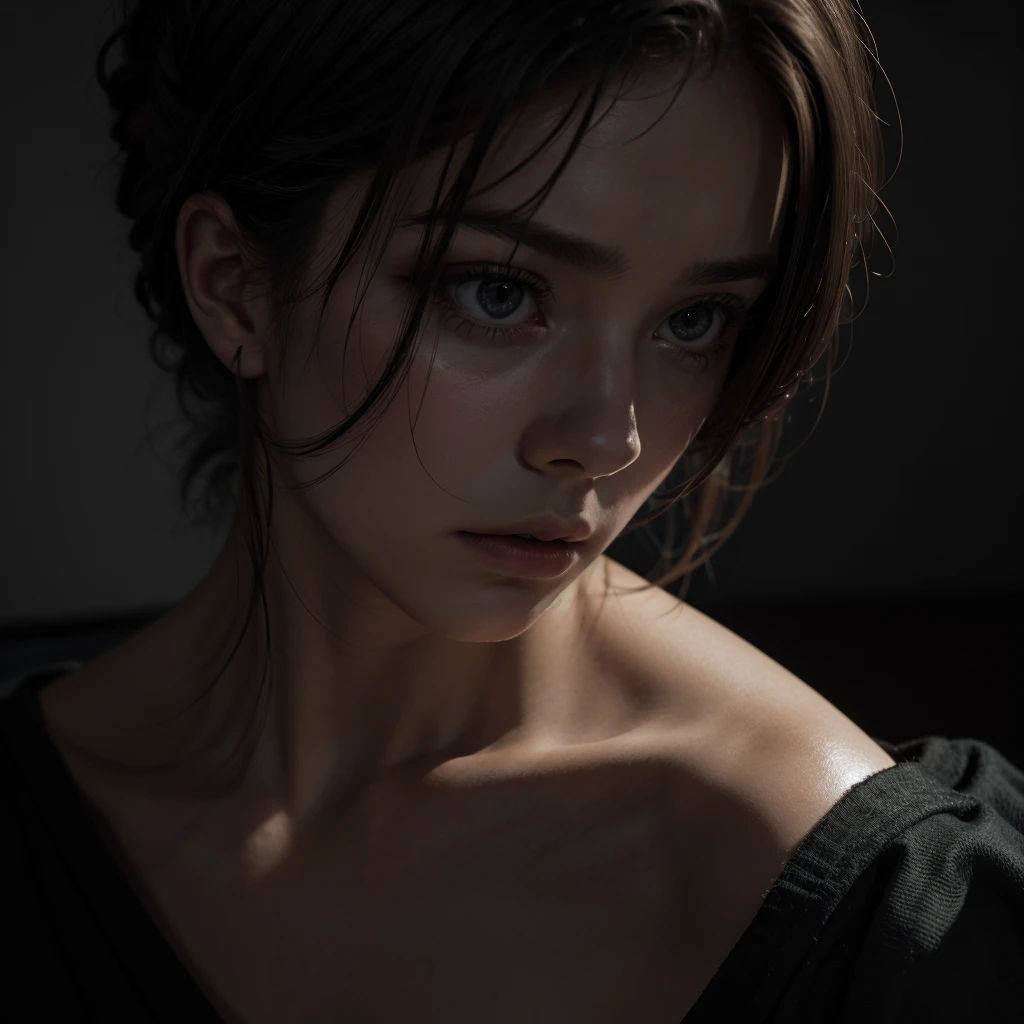 a person sitting on a bed in a dark room, head down, detailed face, melancholy expression, cinematic lighting, dramatic shadows, moody atmosphere, oil painting, high quality, photorealistic, intricate details, somber color palette, chiaroscuro lighting