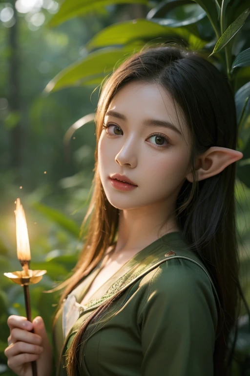 A masterpiece of ultra-fine detail, Dynamic, high quality,Floating Elf Portrait DonMW15pXL ,Female elf in the jungle,Starlight,firefly,green