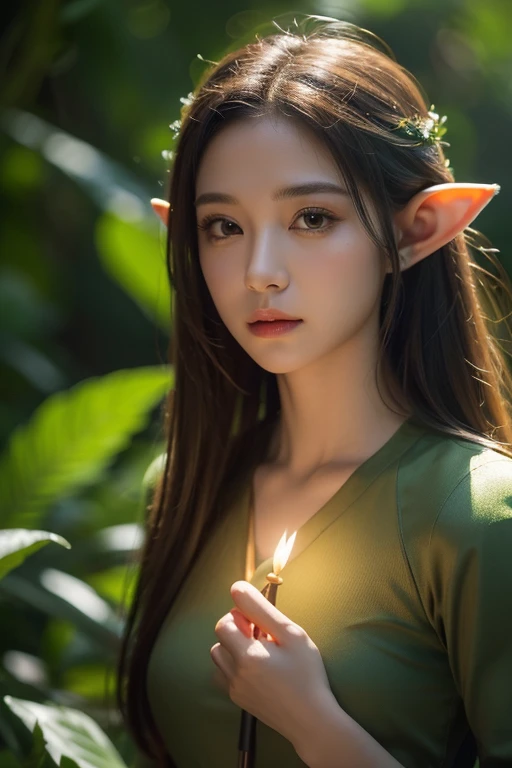 A masterpiece of ultra-fine detail, Dynamic, high quality,Floating Elf Portrait DonMW15pXL ,Female elf in the jungle,Starlight,firefly,green