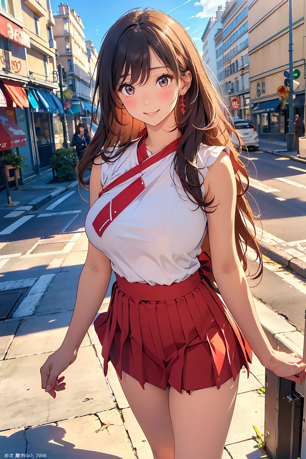 masutepiece, Best Quality, Illustration, Ultra-detailed, finely detail, hight resolution, 8K Wallpaper, Perfect dynamic composition, Beautiful detailed eyes, Trendy Women's Winter Fashion,Straight hair, large breasts:1.5, natural color lip, Slightly red cheeks, Light eyeshadow, sexypose, Smile, seaside, Sandy Beach, 23 years girl、Japanese, adult, beautiful, Cute, looking at the camera, tight t_shirt, mini pleats skirt, ((walking on the street of Paris, France, Olympic)), ((Open her legs)), close-up, フランス,