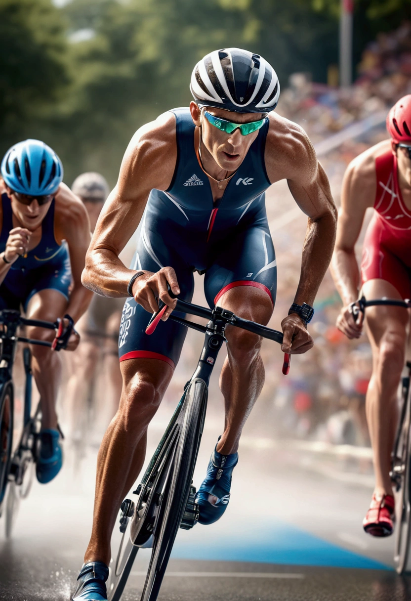 Olympic Games, triathlon Athletes, full body, (Motion Blur, action-lines, speed-lines), cinematic still, (best quality, masterpiece, photorealistic), very aesthetic, perfect composition, intricate details, ultra-detailed, vivid colors