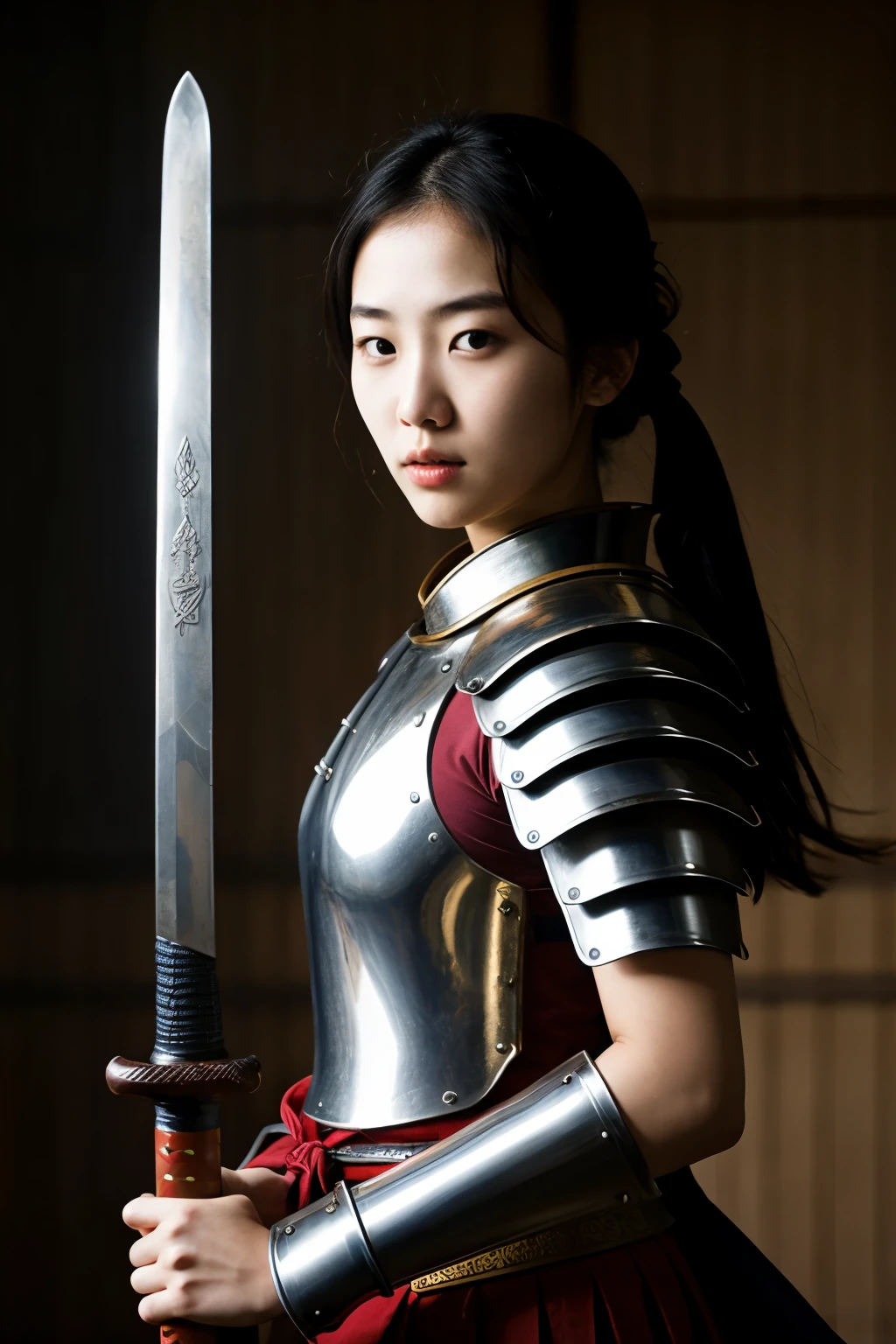 Korean girl, samurai, armor, holding a sword