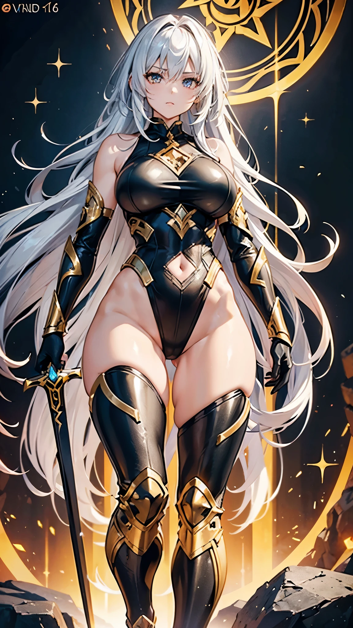 stunning 18-year-old female warrior with flowing, luminous silver hair that glows with golden and black highlights, symbolizing the fusion of light and darkness. Her eyes shine with a golden hue, mixed with deep red tones, reflecting her dual power. Her skin emits a soft glow, as if illuminated from within. She wears an elegant, form-fitting armor combining gold and black elements, adorned with glowing runes representing absorbed powers. Her physique is athletic and sculpted, with well-defined curves exuding both strength and sensuality. Measurements: 5'8" in height, 36-inch bust, 24-inch waist, 36-inch hips. She wields a long sword and a shield bearing emblems of light and shadow. The background is an open battlefield with signs of intense combat. --v 5 --ar 16:9"