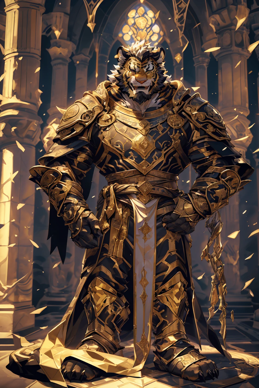 (Scarred body),(Wearing a dark black robe:1.5),king,16k high quality detailed art,(Wearing scarlet blood accessories:1),(Golden Tiger:1.1), (((White and golden fur:1.5))),(Duotone),(A pair of eyes of different colors, One eye has a golden eye,The other eye is blue:1.7),Both eyes are the same size:1.4),(Muscular body:1.3),Handsome,(OK),(Perfect face),(Exhausted:1.1),(Gold and white skin:1.3),(Whole body description:1.3),Publaz, (Golden Tiger:1.1), (((Gold and white fur:1.3))),Handsome, (OK),Express,(Background of the Royal Palace),(Cold expression:1.3),(Golden Tiger tail),不同的Express,(Perfect masterpiece),(32K),(Abdominal muscles:1.3),(((middle aged:1.4))),(36 years old),(Gold Stripes),Solitary,(Black sideburns:1.2),(black beard:1.3),(Black Chin:1.3),(Gold face pattern:1),(Very rich facial details:1.3),(Strong),(Mighty pose:1.3),Front view,(CG),(HD),(Black Hair),Full body portrait,(Detailed background:1.3),(Dark ink armor:1.3),The murderous gaze,(Pure black pupils:1.3),(Laugh playfully:1.3)
