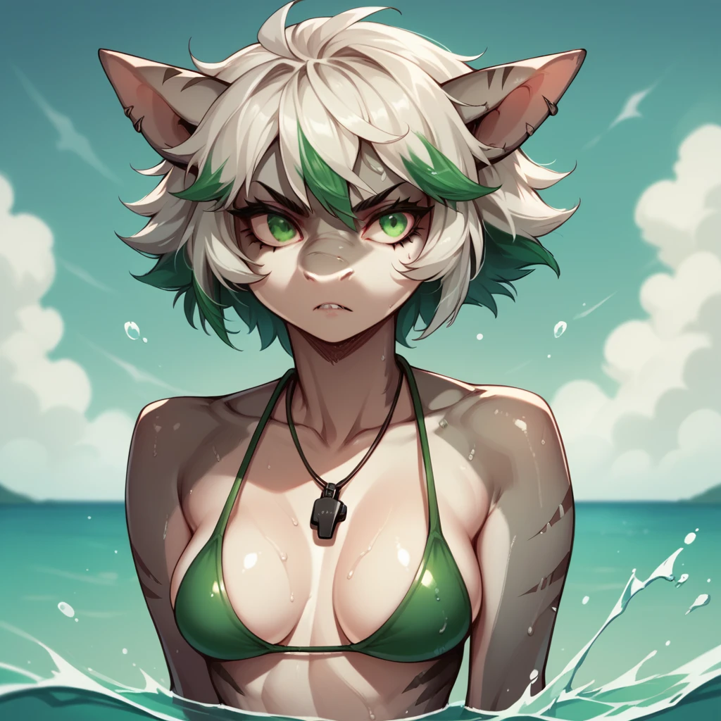 Score_9, score_8, score_7, source_anime, Anthro, jade, Anthro shark girl, grey skin, short and slender body, white hair with green ends, green eyes, whistle necklace, wearing red bathing suit, swimming through the ocean, dynamic action, serious expression, front view, swimming very fast, front stroke, splashing and swimming through the water